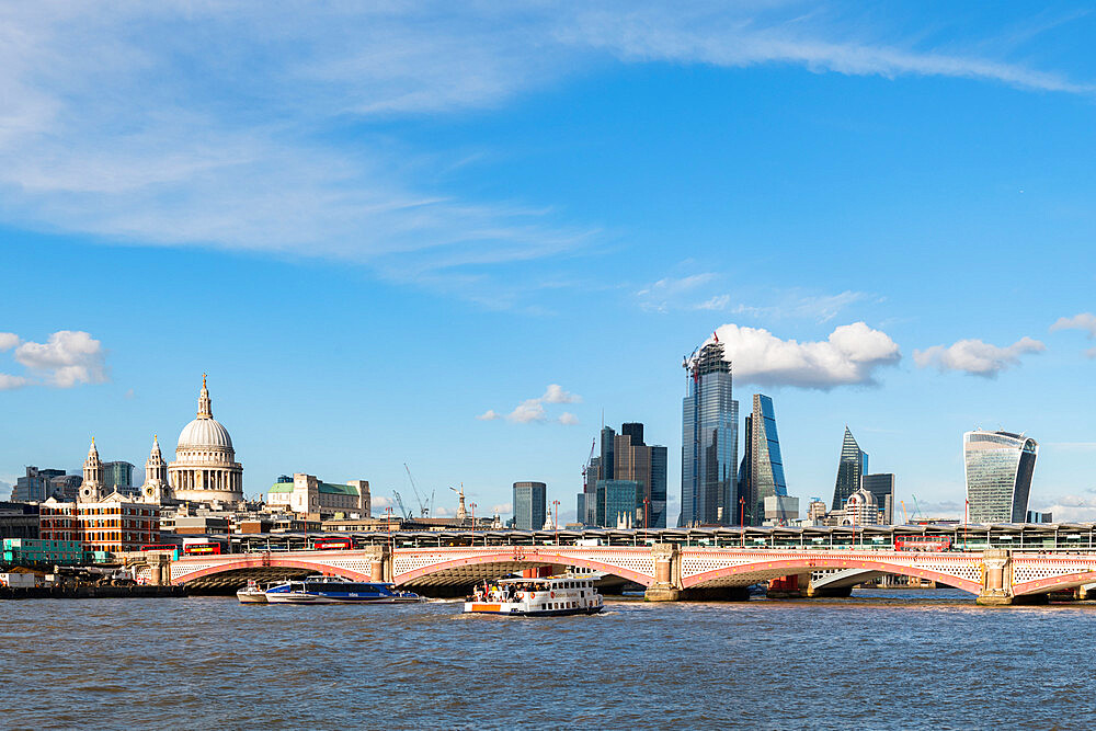 Boats on the River Thames, St. Paul's Cathedral and the City of London from Waterloo Bridge, London, England, United Kingdom, Europe