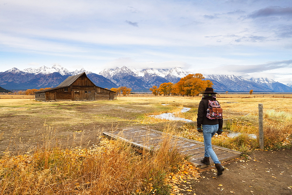 Woman at Mormon Row and Teton Range, Grand Teton National Park, Wyoming, United States of America, North America