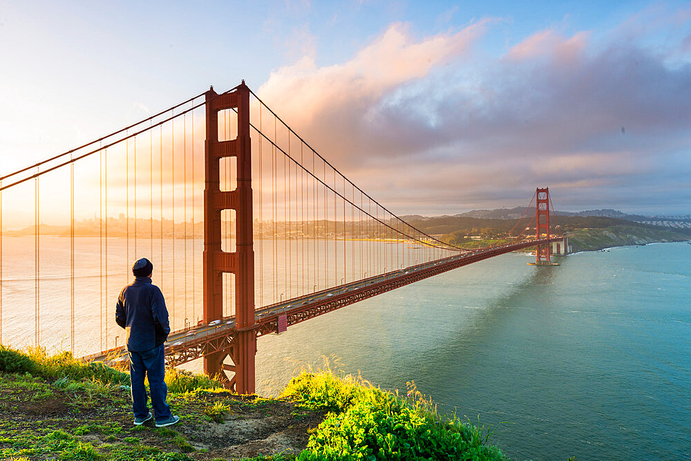 View of the city and Golden Gate Bridge from Marin Headlands, San Francisco, California, United States of America, North America