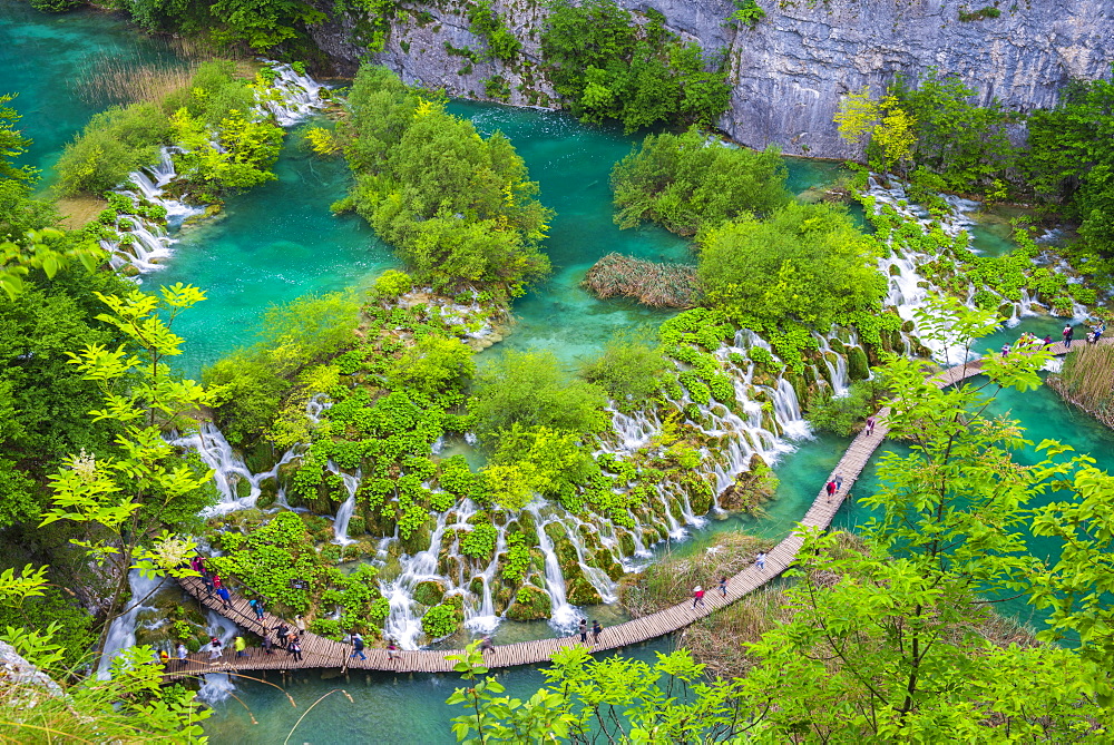 Aerial view of the boardwalk at Plitvice Lakes National Park, UNESCO World Heritage Site, Croatia, Europe