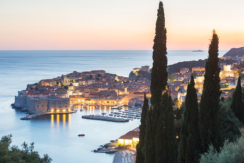 Aerial view of the old town at dusk, UNESCO World Heritage Site, Dubrovnik, Croatia, Europe