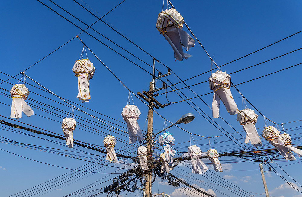 Lanterns and electricity cables in Pai in Mae Hong Son province, Thailand, Southeast Asia, Asia