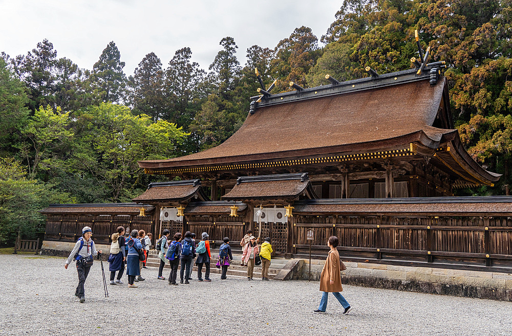 Pilgrims and views of the Kumano Hongu Shrine along the Kumano Kodo ancient pilgrimage route near Hongu, Honshu,  Japan, Asia