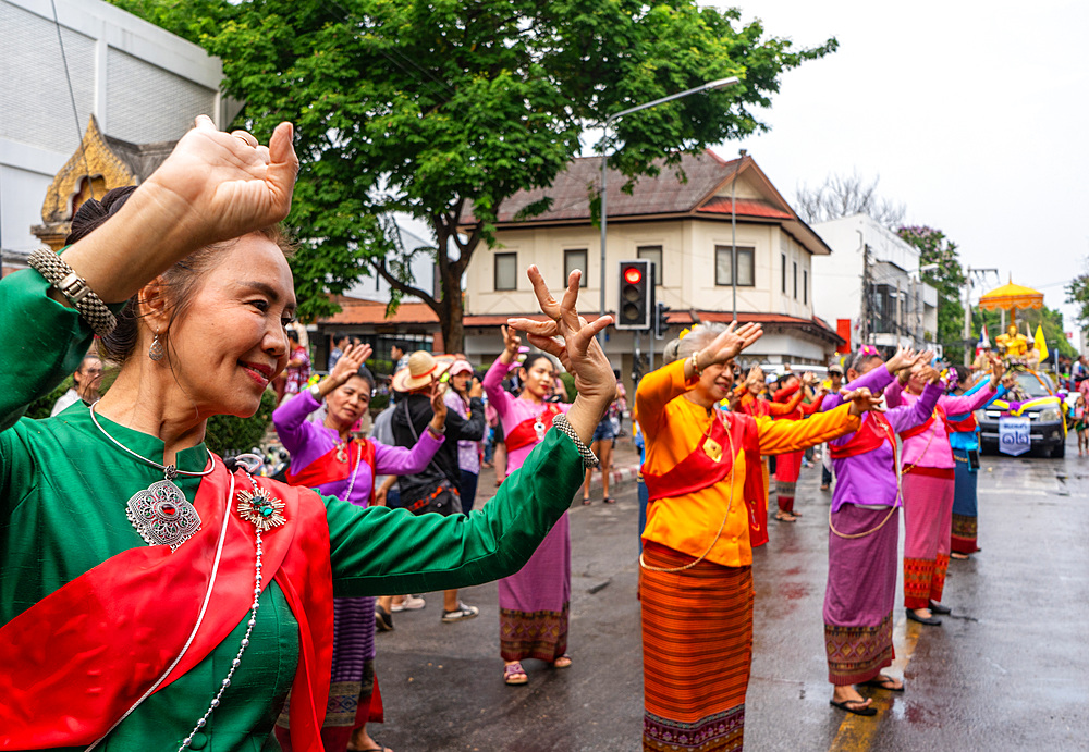 Songkram Thai Buddhist New Year parade, blessings and water battles celebrations in Chiang Mai, Thailand