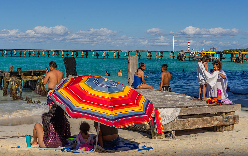 Mexican and foreign tourists in the Caribbean beaches of Cancun, Quintana Roo state,Mexico