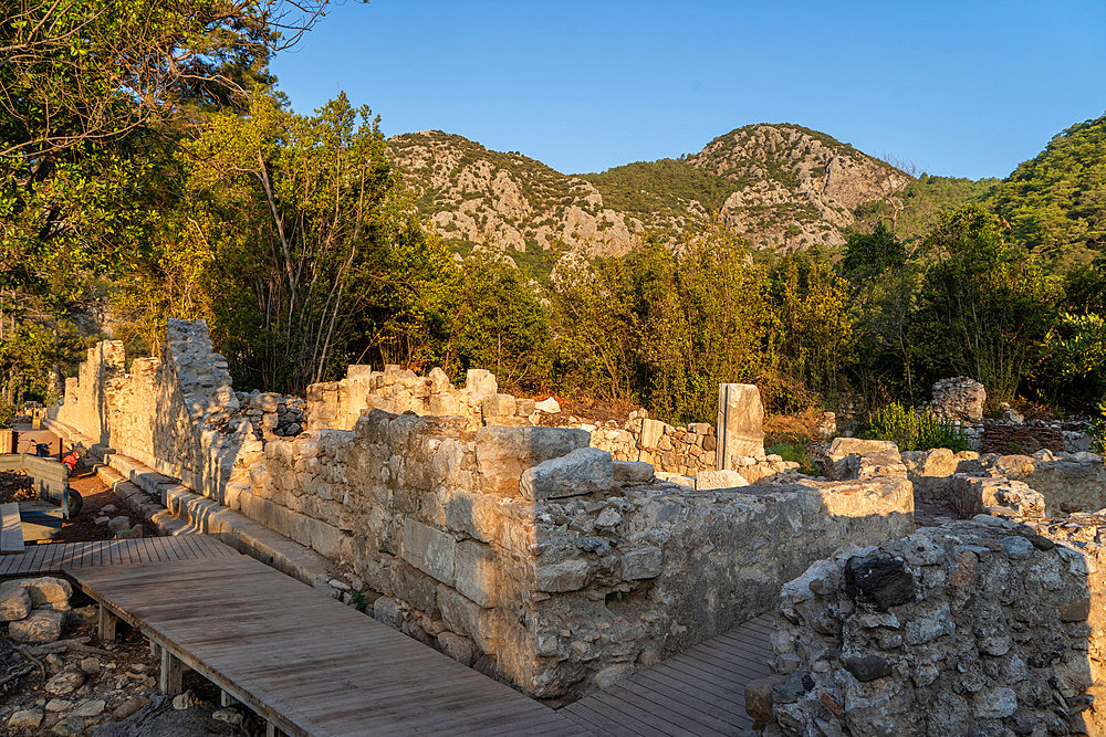 Views of the ruins of the archaeological site of Olympos on the Turquoise coast around the beach of Çireli, near Antalya, Turkey