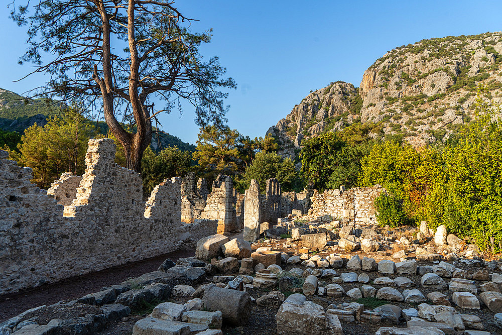 Views of the ruins of the archaeological site of Olympos on the Turquoise coast around the beach of Çireli, near Antalya, Turkey