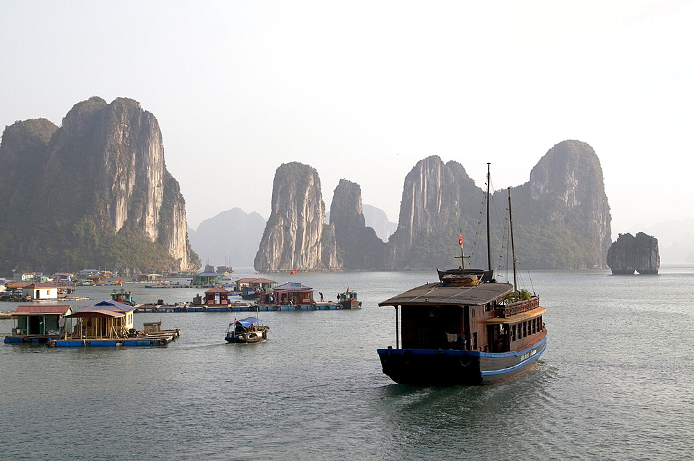 Vietnam, tourist and fishing boats in halong bay