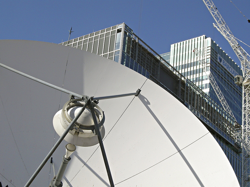 Uk. Satellite dishes in canary wharf in east london