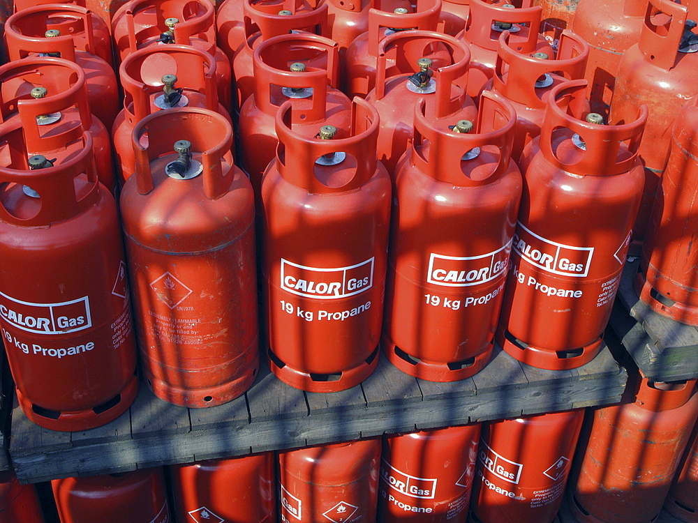 Uk. Calor gas bottles in a depot in tower hamlets, london, england.