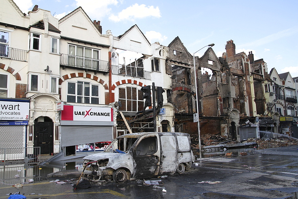 Damage to property after riots and looting in Croydon, London, UK ;