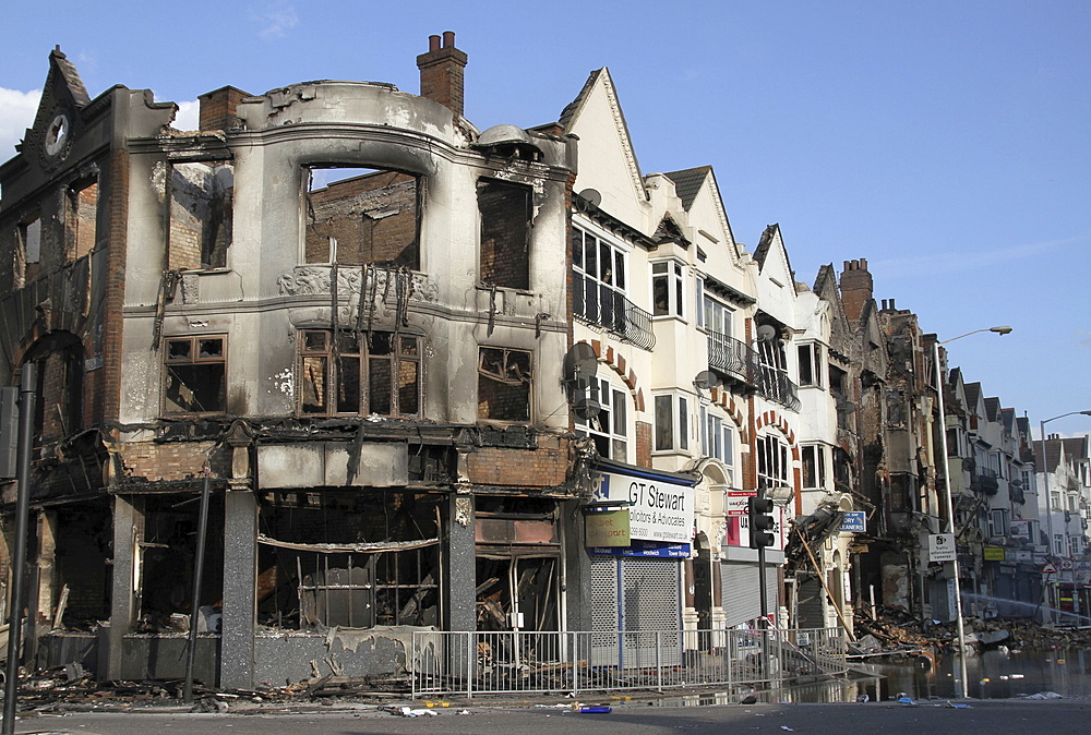 Damage to property after riots and looting in Croydon, London, UK ;