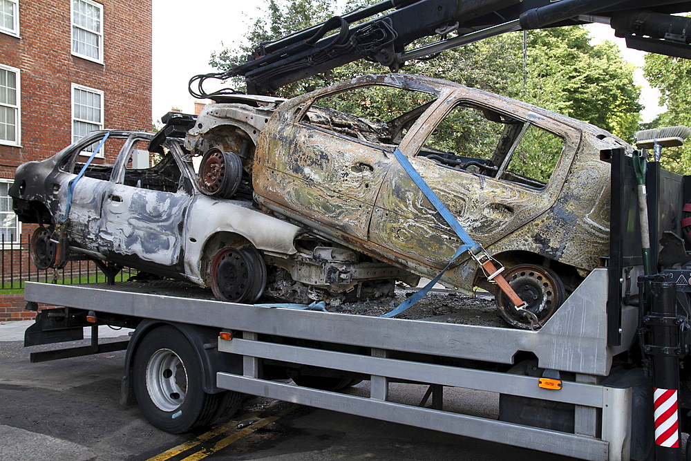 Damage caused by rioters in Hackney, London, UK ;