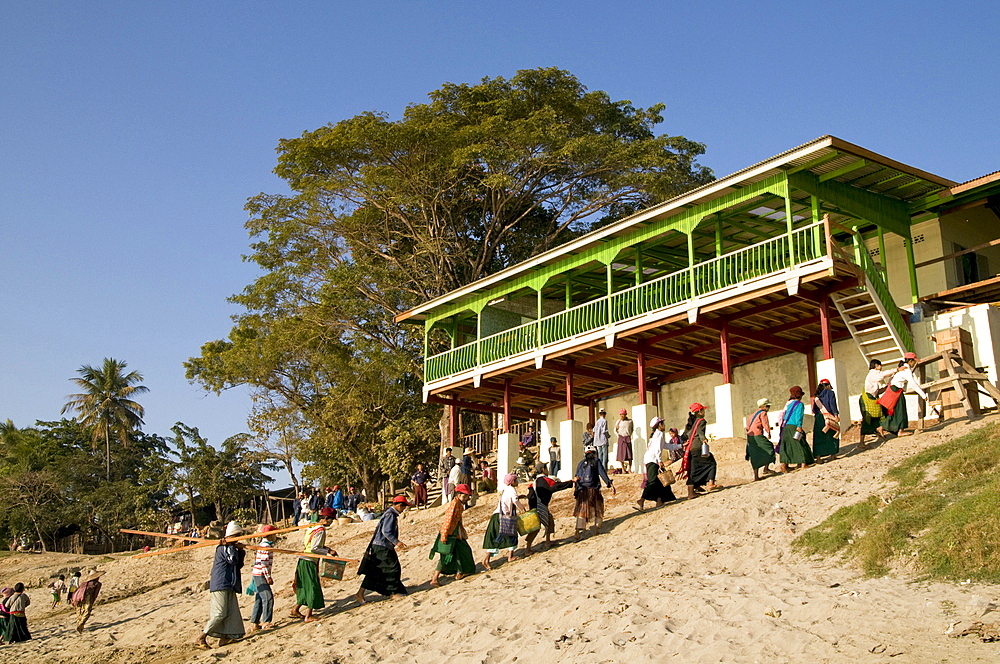 Myanmar (burma) passenger boat on the irrawady river in katha,, where george orwells burmese days was set