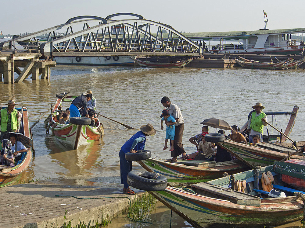 Passenger and fishing boats in the harbour in Yangon (Rangoon), Myanmar (Burma), Asia