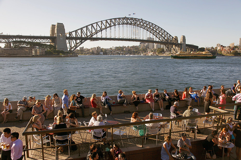 Bars and restaurants by the Opera House and Harbour Bridge, Sydney, New South Wales, Australia, Pacific