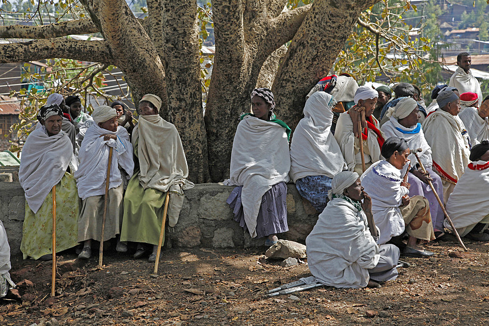 Pilgrims during the Easter Orthodox Christian religious celebrations in the ancient rock-hewn churches of Lalibela, Ethiopia, Africa