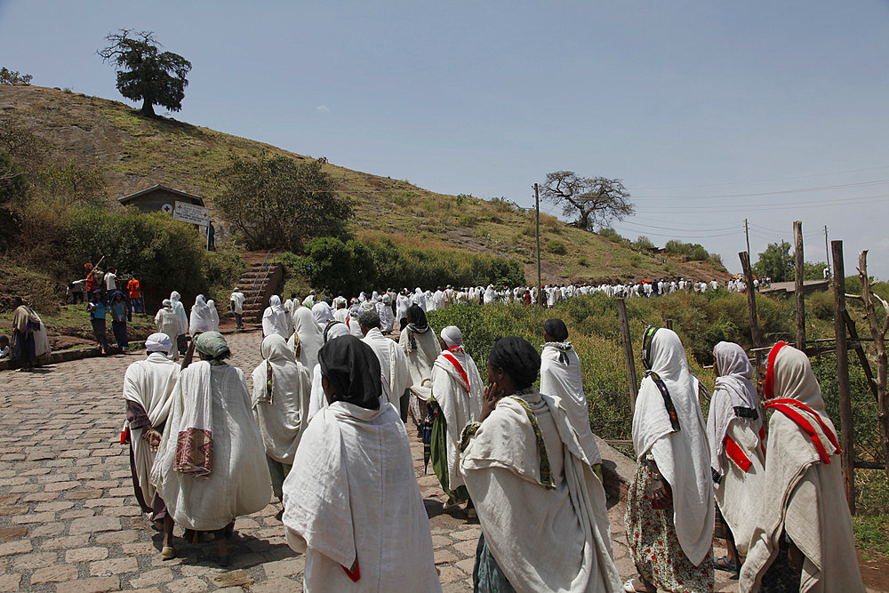 Pilgrims during the Easter Orthodox Christian religious celebrations in the ancient rock-hewn churches of Lalibela, Ethiopia, Africa