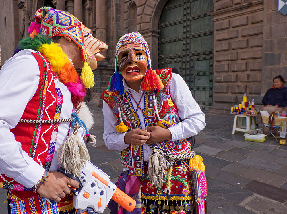 Native Quechua people celebrate the day of San Jeronimo, the patron saint of the city, San Jeronimo District, Cusco, Peru, South America