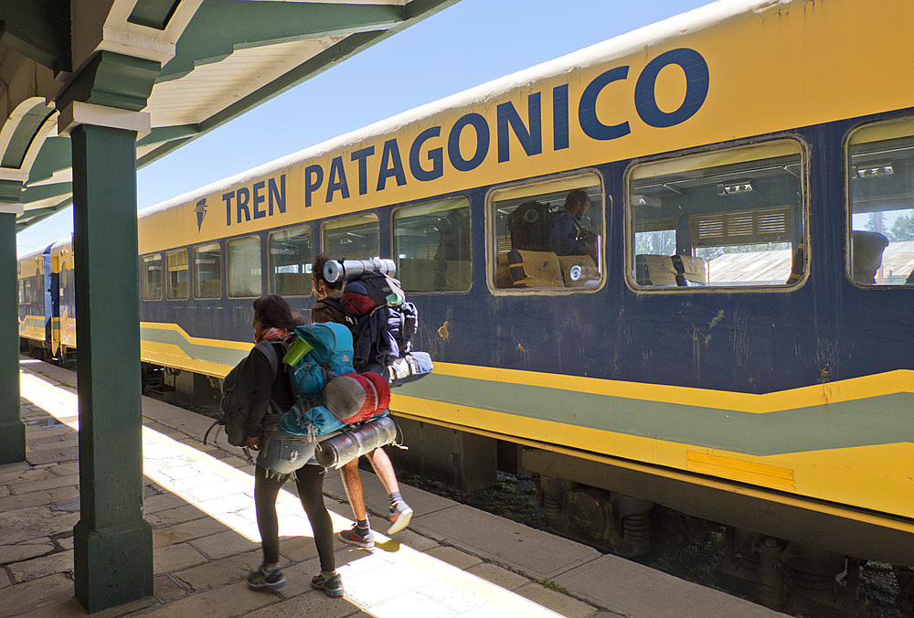 Tourists arriving in the Patagonian train in Bariloche, Argentina, South America