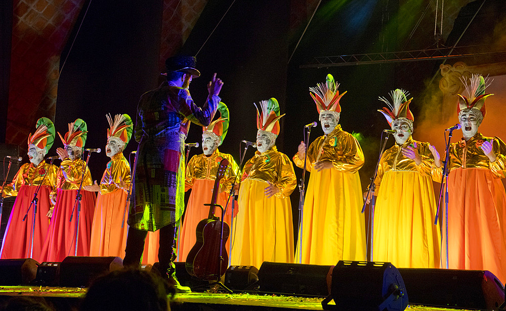 The murga Araca la Cana performing during Carnival at the Teatro de Verano in Montevideo, Uruguay, South America