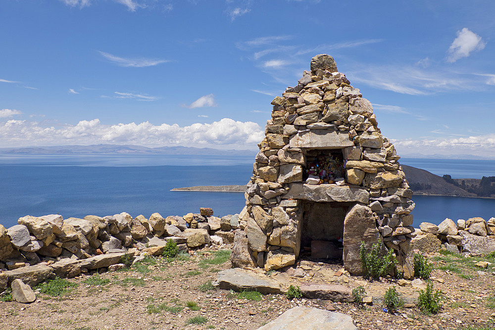 Traditional Inca first nation stone altar on the Island of the Sun on Lake Titicaca, Bolivia, South America