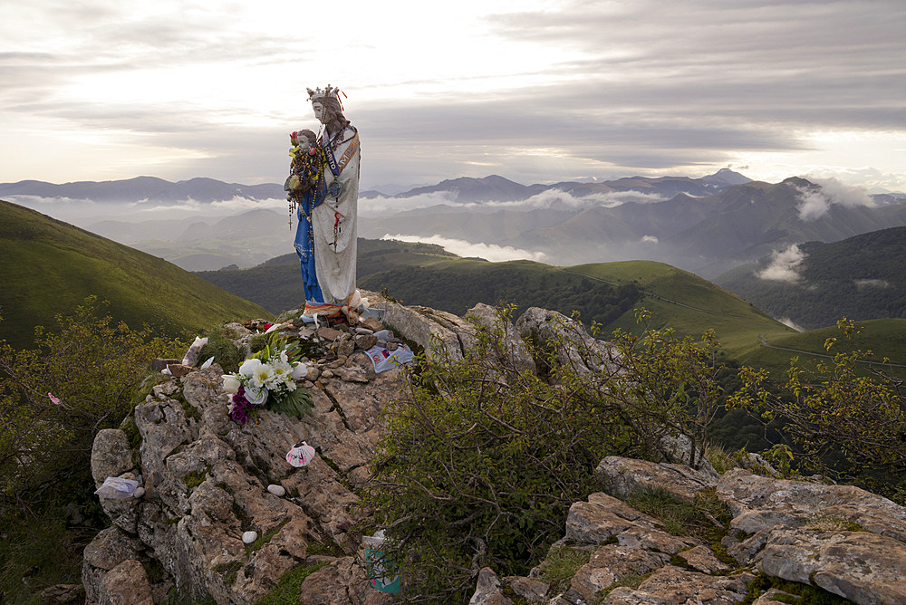 Statue of the Virgin on Christian pilgrimage route of Camino de Santiago (St. James' Way) near St. Jean, France, Europe