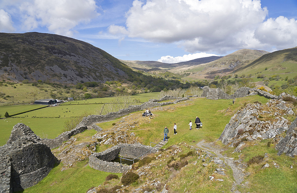 Visitors at Castell y Bere, a Welsh castle constructed by Llywelyn the Great in the 1220s, Gwynedd, Wales, United Kingdom, Europe