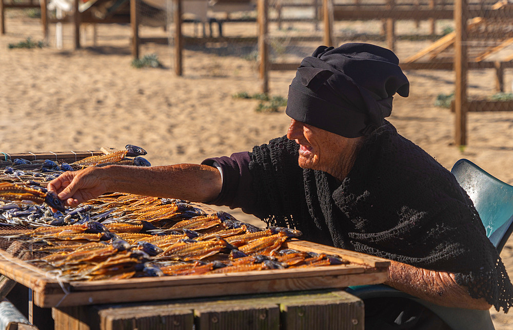 Local woman sun drying fish in the fishing village of Nazare in Portugal, host to one of the World's major surf competitions with 30m waves