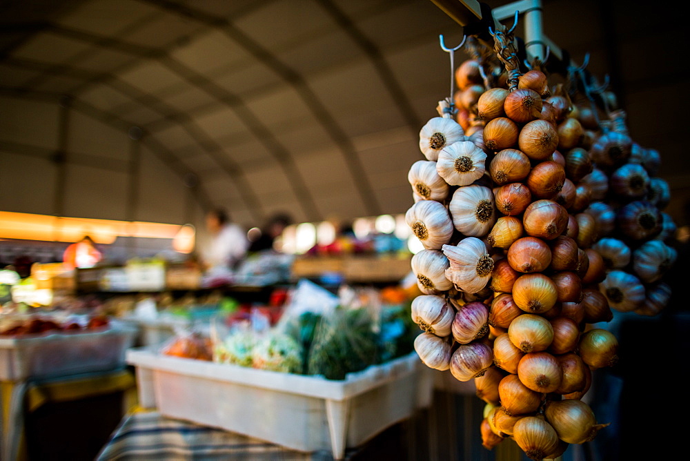 Garlic and onions at market, Portugal, Europe