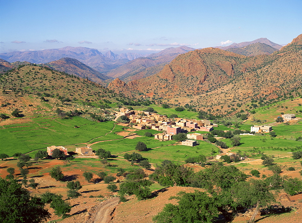 Village and fields in the hills east of Tiznit, towards the Col du Kerdous and Tafraoute in the anti Atlas region of Morocco, North Africa, Africa