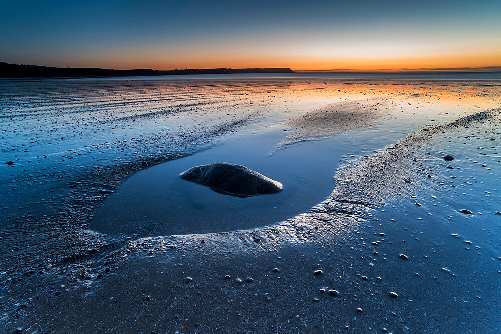 Oxwich beach at low tide at dawn, Gower Peninsula, South Wales, United Kingdom, Europe