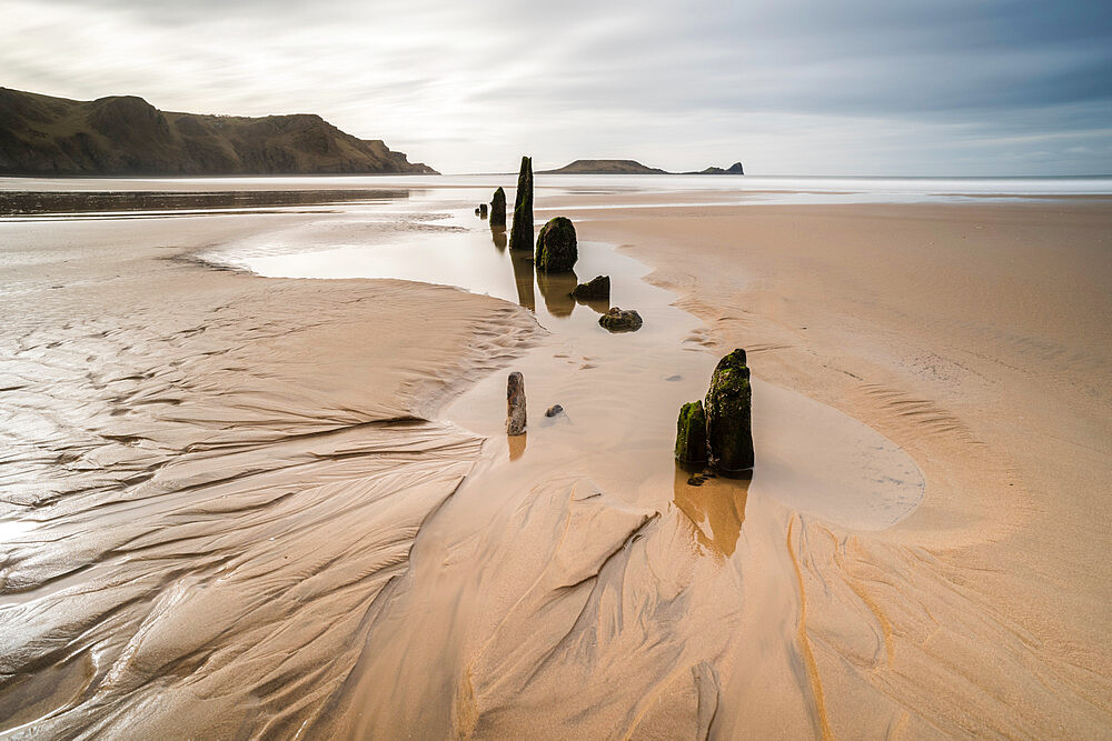 Helvetia shipwreck at low tide, Rhossili Bay, Gower Peninsula, South Wales, United Kingdom, Europe