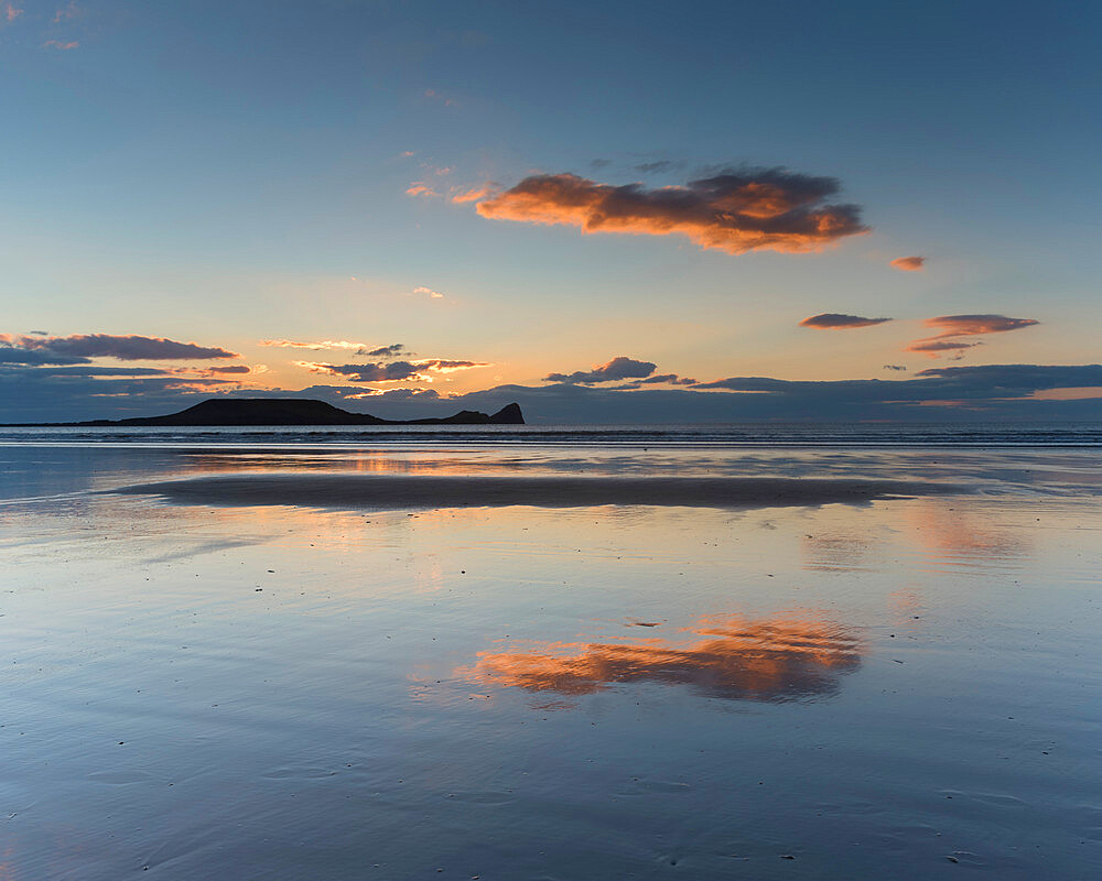 Rhossili Beach at sunset, Gower Peninsula, South Wales, United Kingdom, Europe