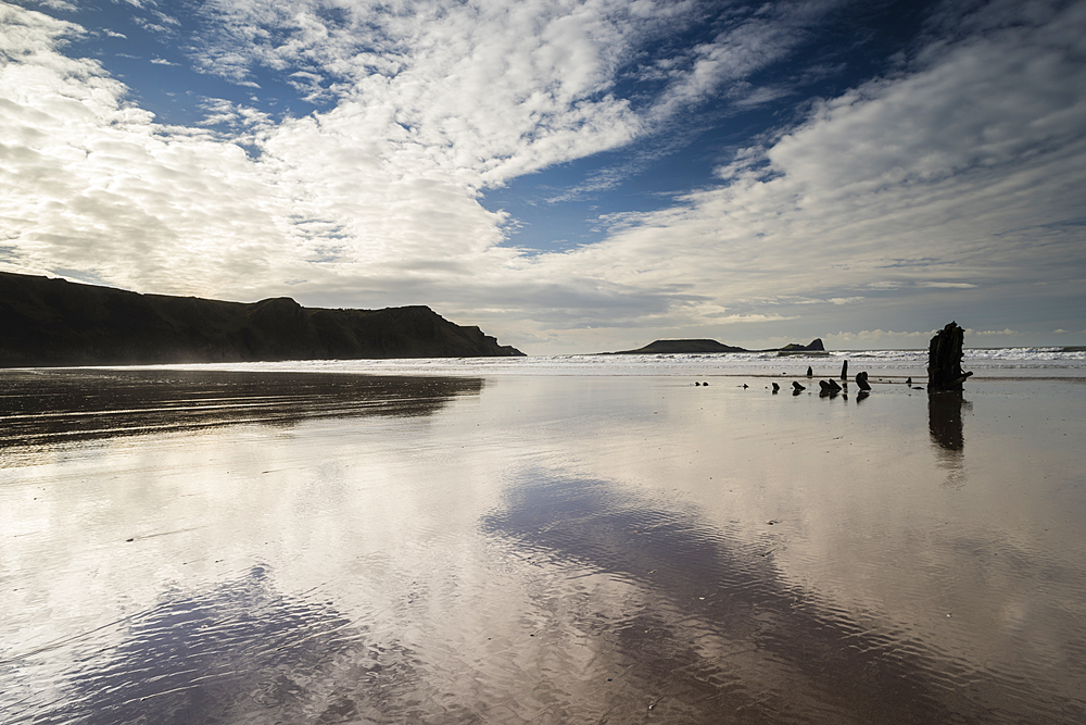 Low tide, sunset, Rhossilli Bay, Gower, South Wales, United Kingdom, Europe