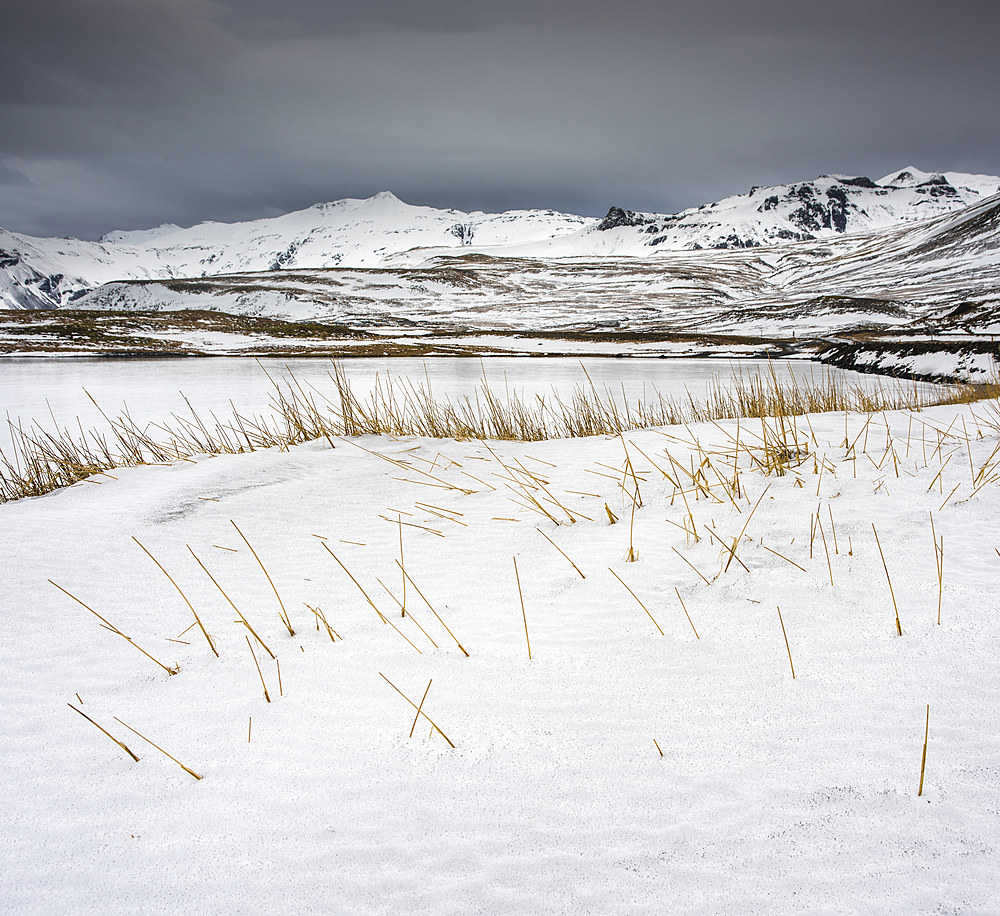 Snow covered fields and mountains, Snaefellsnes, Iceland, Polar Regions