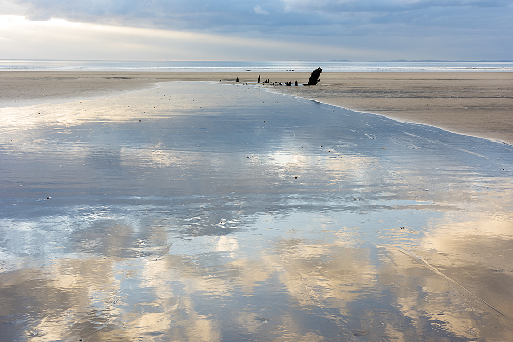 Low tide, sunset, Rhossilli Bay, Gower, South Wales, United Kingdom, Europe