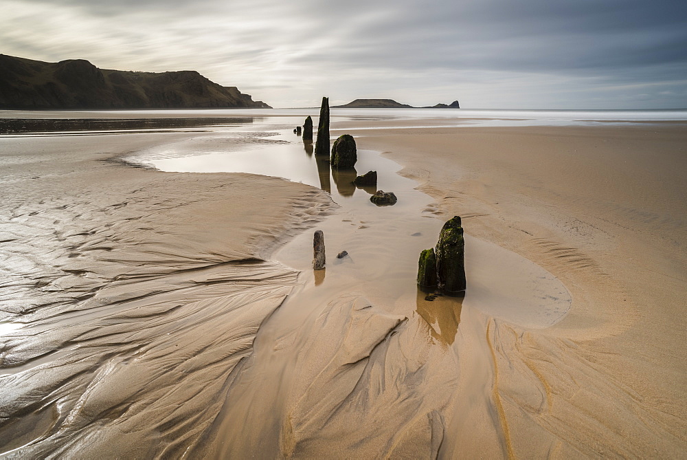 Low tide, sunset, Rhossilli Bay, Gower, South Wales, United Kingdom, Europe