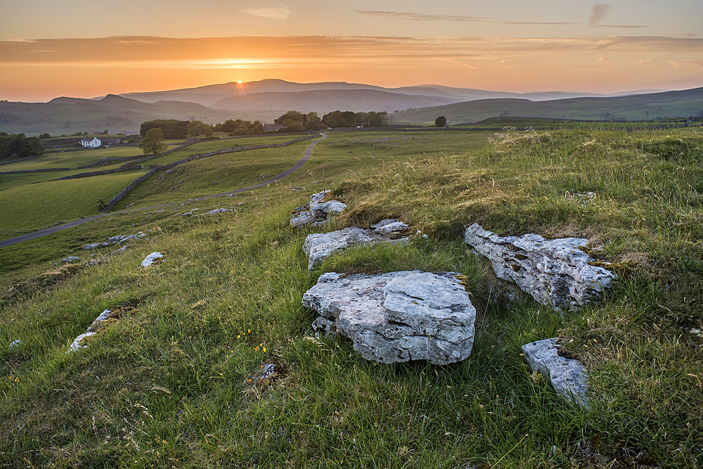 View from Winskill Stones at sunset, Yorkshire Dales, Yorkshire, England, United Kingdom, Europe