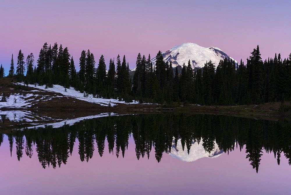 Reflection of Mount Rainier at dawn, Tipsoo Lake, Mount Rainier National Park, Washington State, United States of America, North America