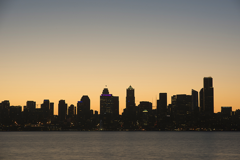 Seattle skyline at dawn, as seen from Alki Beach, Seattle, Washington State, United States of America, North America