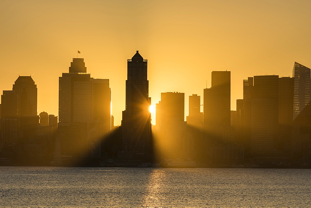 Seattle skyline at sunrise, as seen from Alki Beach, Seattle, Washington State, United States of America, North America