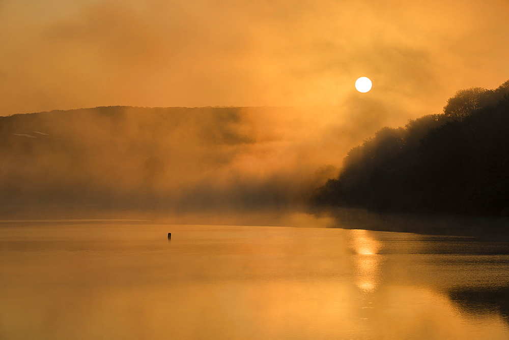 Wimbleball Lake at sunrise, Exmoor National Park, Somerset, England, United Kingdom, Europe