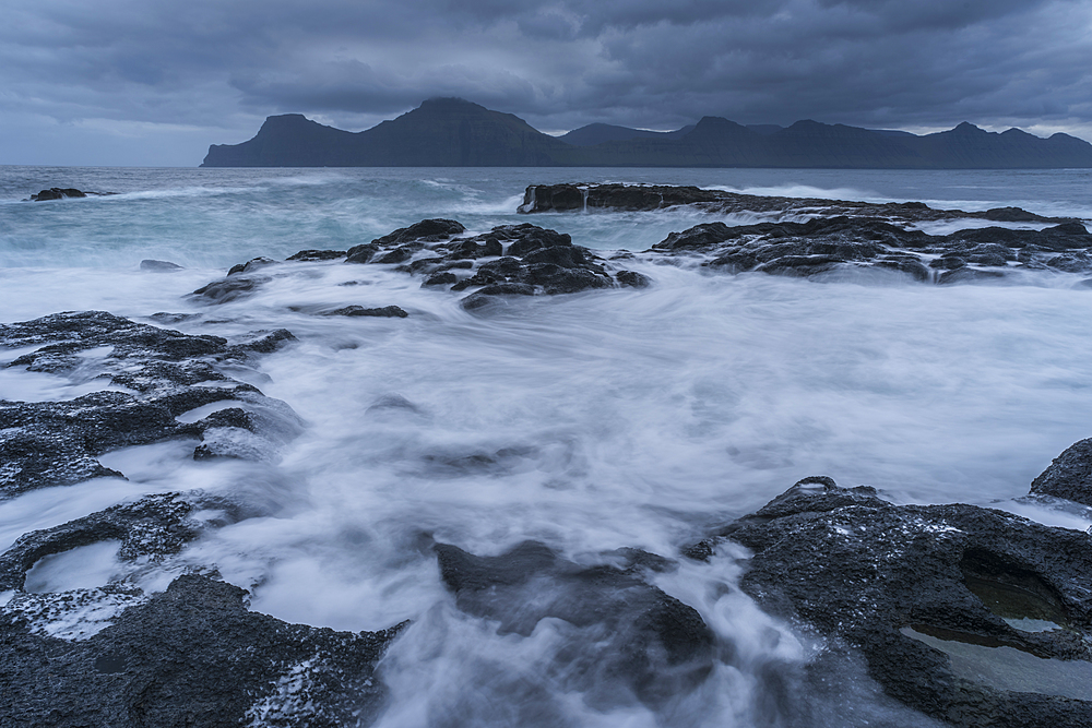 Swirling tide at dawn, Gjogv, Eysturoy, Faroe Islands, Denmark, Atlantic, Europe