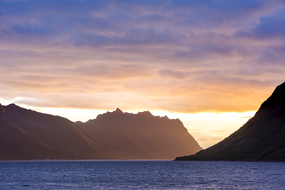 Sunset over Norwegian fjord, Senja, Norway, Scandinavia, Europe