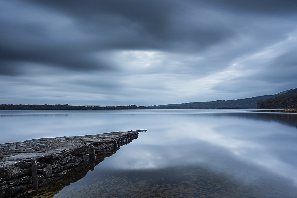 Stone slipway and lake at dawn in autumn, Lough Lenae, Killarney National Park, County Kerry, Munster, Republic of Ireland, Europe