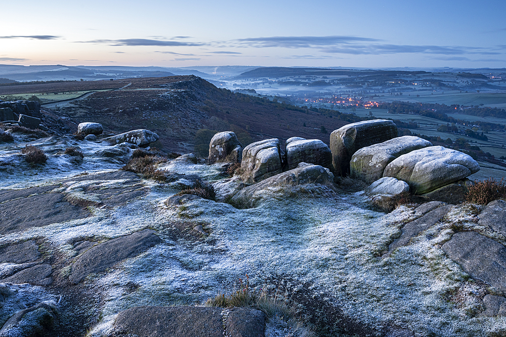 View from Curbar Edge at dawn in autumn, Peak District National Park, Derbyshire, England, United Kingdom, Europe