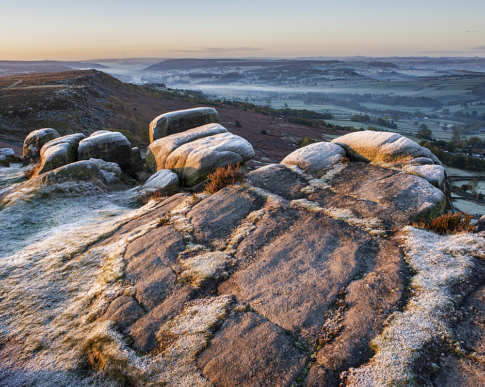 View from Curbar Edge at sunrise in autumn, Peak District National Park, Derbyshire, England, United Kingdom, Europe