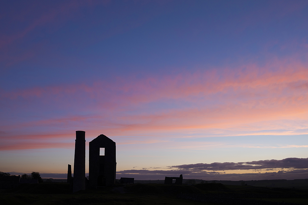 Disused mine at sunset, Magpie Lead Mine, Peak District National Park, Derbyshire, England, United Kingdom, Europe