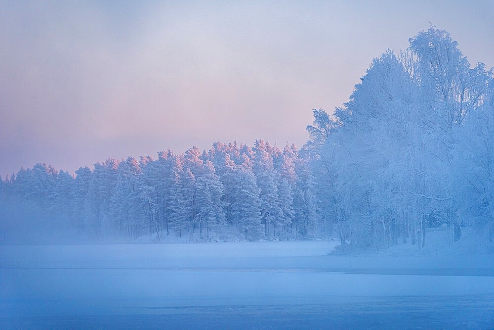 Morning mist over frozen river, River Kitkajoki, Kuusamo, Finland, Europe